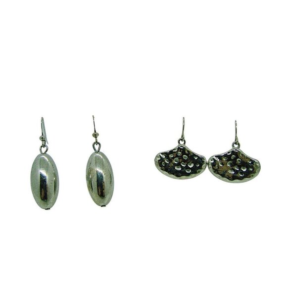 Lot of 2 Dangle Earrings Hammered & Puffy Bulb Designs 1" Fashion Silver Tone - Picture 1 of 6